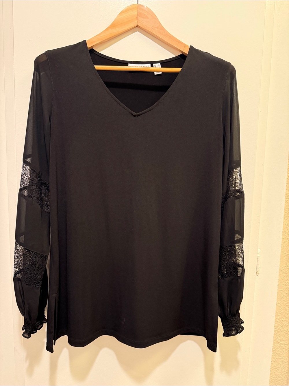 Susan Graver Black V-Neck Sheer Lace Sleeve Blouse